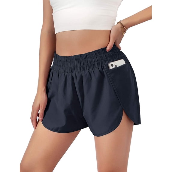 Women Workout Shorts with Zip Pocket Quick-Dry Athletic Shorts Sports Elastic Waist Running Shorts with Liner - Navy