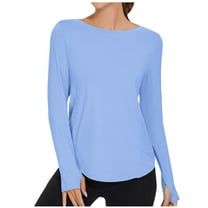 Women Workout Sun Protection Long Sleeve Shirt Round Neck Solid Color Lightweight Curved Hem Yoga Athletic Outfits