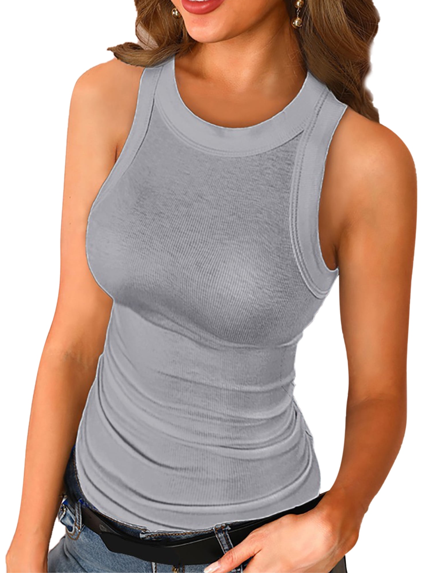 Women Workout Tank Top Sleevelss Ribbed Stretch Yoga Top Tthletic  Compression Active Wear Seamless Tight Sports Running T Shirt Vest Gray  XL=US 14