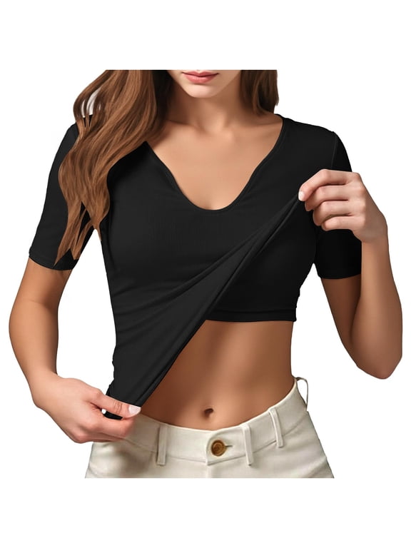 Women Workout Tops Built in Bra Short Sleeve V Neck Base T-Shirts Slim Fit Gym Fitness Crop Tee with Shelf Bra (XL, Black)