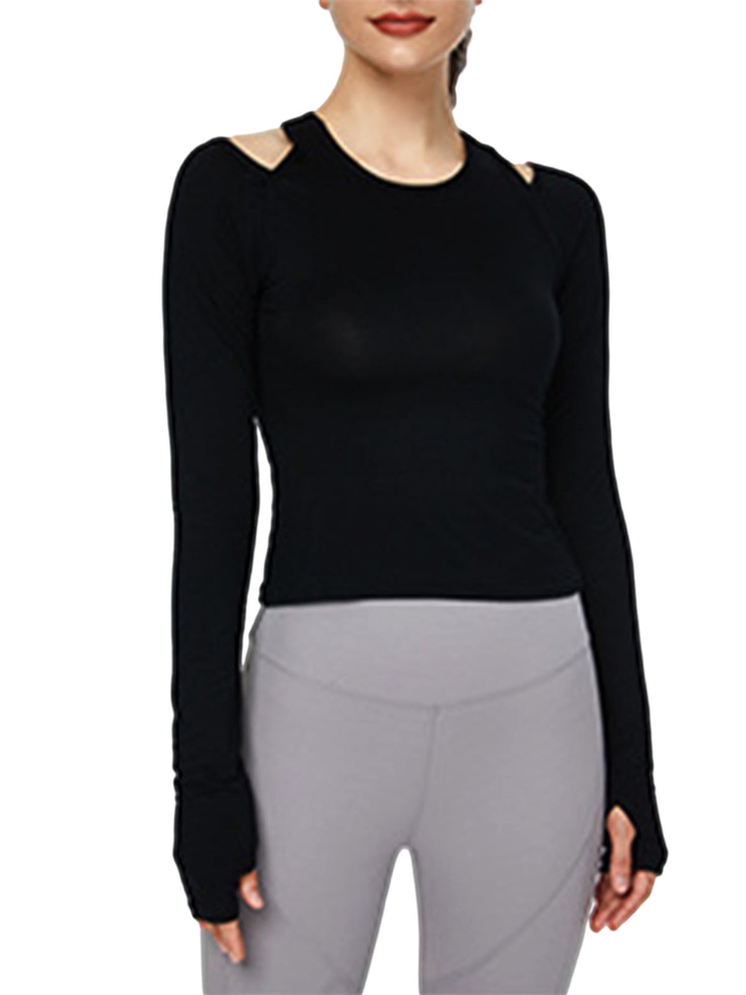 Women Workout Tops Solid Color Cutout Long Sleeve Yoga Athletic Shirt
