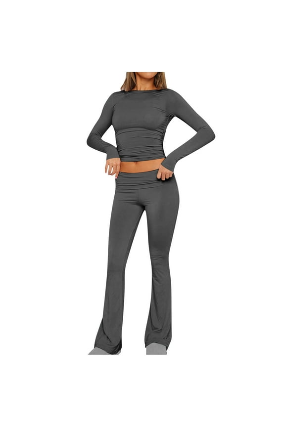Women Workout Two Piece Outfits Long Sleeve Cropped Tops High Waist Flared Leggings Pants Tracksuit Sets New Beach Vacation Set for Women Dark Gray XL