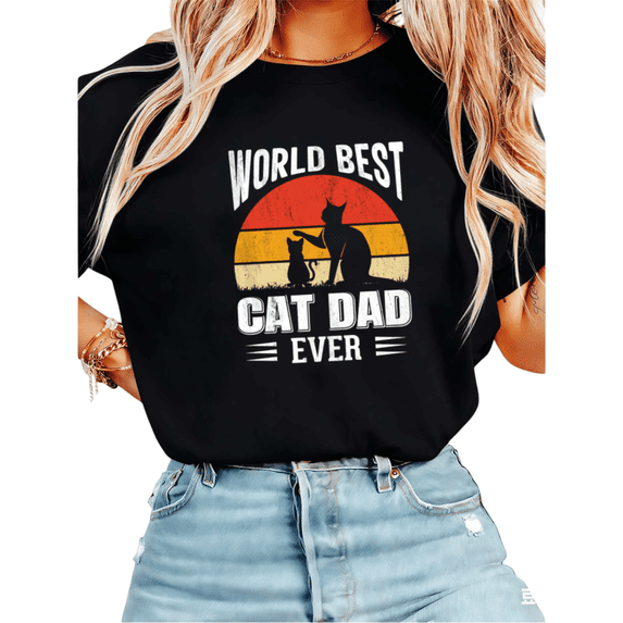 Women World's Best Cat Dad Ever Retro Sunset Cat Family Graphic Tees T Shirt Tops Round Neck Printed Cotton T Shirt Black S-5XL