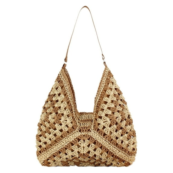 SHUWND Women Woven Handbag Large Capacity Straw Woven Tote Beach Bag Stripe Travel Shoulder Bag (Light Brown)