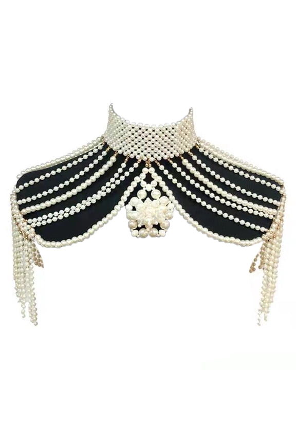 Women Woven Imitation Pearl Beads Necklace High Collar Body Jewelry Bib Pendant Shoulder Chain Wedding Bride Prom Party Shawl Wrap Costume