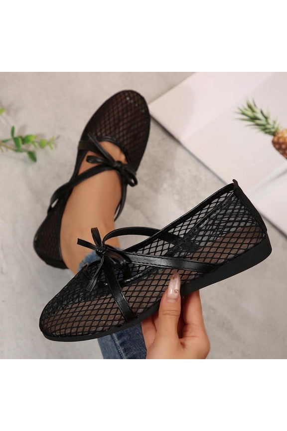 Women Woven Mesh Ballet Flats Raffia Lace up Ballerina Mary Jane Flats Fashion Casual Slip on Shoes Black 7