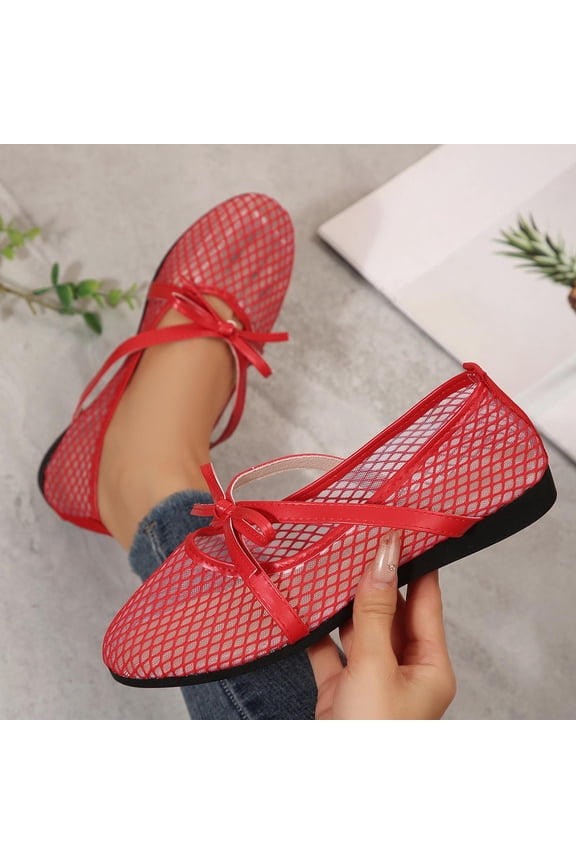 Women Woven Mesh Ballet Flats Raffia Lace up Ballerina Mary Jane Flats Fashion Casual Slip on Shoes Red 9