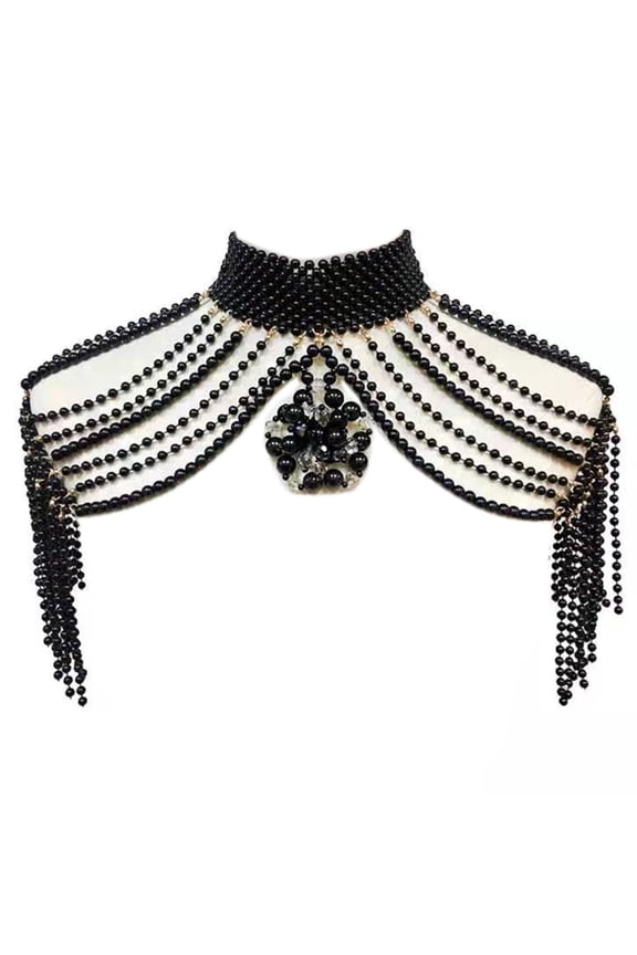 Women Woven Pearl Beaded Necklace High Collar Body Jewelry Bib Shoulder Chain