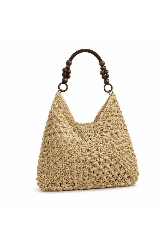 Women Woven Shoulder Bag, Crochet Straw-Style Tote Purse with Beaded Handle, Lightweight Hobo Crossbody Bag for Beach, Travel, Vacation, Work, Commute and Daily Use