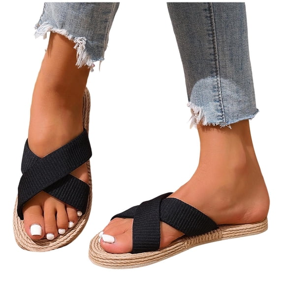 Women Woven Slipper Summer Stylish Casual Comfortable Lightweight Non-Slip Flat Sandals For Vacation (6.5, Black)