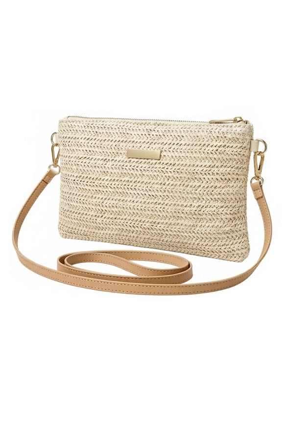 Women Woven Straw Crossbody Bag, Small Summer Beach Straw Clutch Purse With Adjustable Shoulder Strap & Detachable Wristlet Strap For Vacation Daily Use