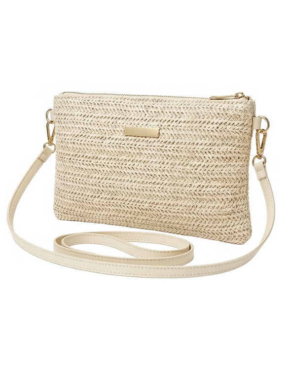 Women Woven Straw Crossbody Bag, Small Summer Beach Straw Clutch Purse With Adjustable Shoulder Strap & Detachable Wristlet Strap For Vacation Daily Use