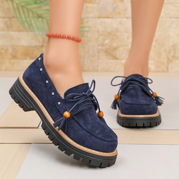 Women Woven Textured Lace Up Platform Loafers, Thick Lug Anti Slip Outsole, Mild Cushioned Footbed, Classic Preppy Silhouette for Campus Shopping Daily Commute Weekend Casual Outfits,Blue 5.5