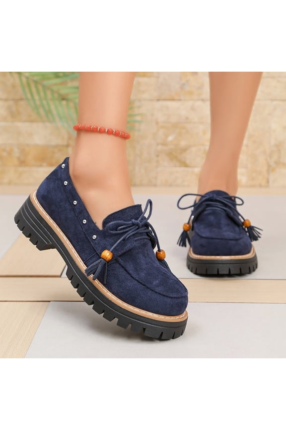 Women Woven Textured Lace Up Platform Loafers, Thick Lug Anti Slip Outsole, Mild Cushioned Footbed, Classic Preppy Silhouette for Campus Shopping Daily Commute Weekend Casual Outfits,Blue 5.5