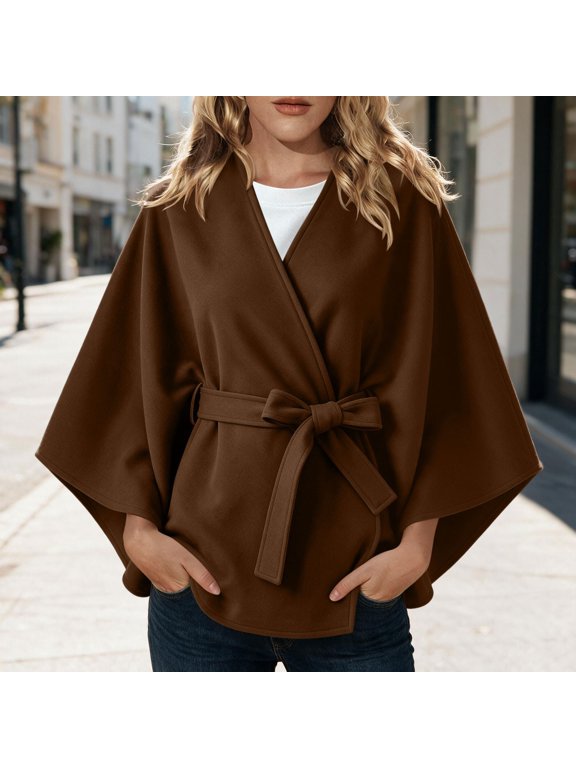 Women Wrap Cape Coat V Neck Belted Poncho Jacket Wide Batwing Sleeve Winter Coats for Women Elegant Solid Outerwear with Side Pockets,Women's Plus M