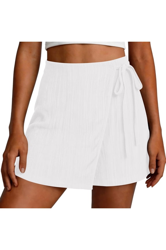 Women Wrap Skort Shorts High Waist Tie Front Textured A-Line Casual Beach Vacation Bottoms White S