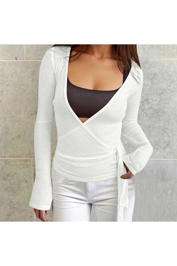 Women Wrap Tie Top Long SLeeve Ballet Workout Yoga Shirt Blouses,Women's Tie Wrap Top Long Sleeve Deep V Neck Crop Shirt Slim Fit Dance Bolero Fairy Yoga Workout Blouse
