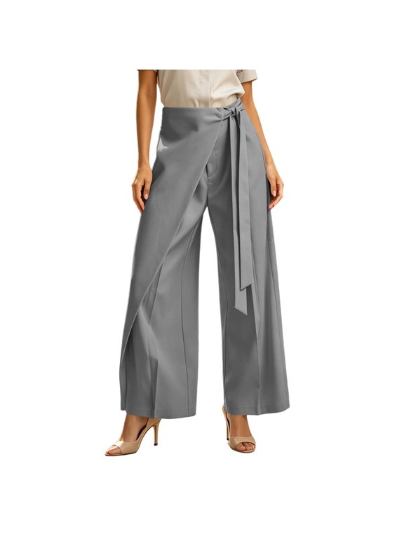 Women Wrap Tie Waist Wide Leg Dress Pants High Rise Split Overlay Casual Trousers for Office Business Daily Wear