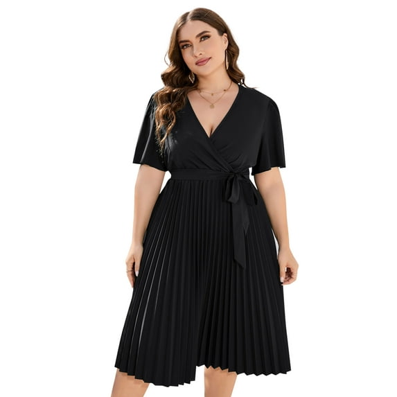 Women Wrap V Neck Casual Summer Dresses 2024 Short Sleeve Tie Waist Pleated Flowy Wedding Guest Midi Dress