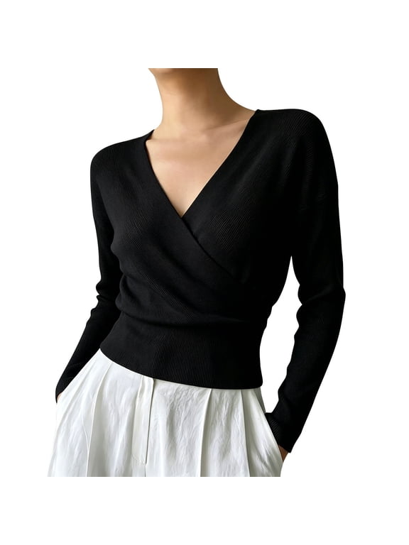 Women Wrap V Neck Long Sleeve Tops, Cross Front Fitted Shirts Surplice V Neck Shirt Wide Waistband Fitted Pullover Elegant Casual Blouse, Fall Winter Layering Work Office Clothing