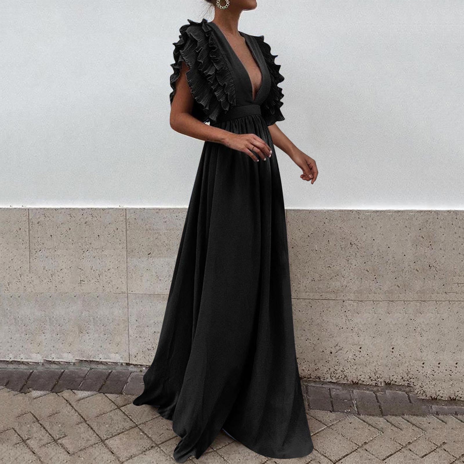 Women Wrap V Neck Ruffle Sleeve Tiered Midi Dress Tie Waist