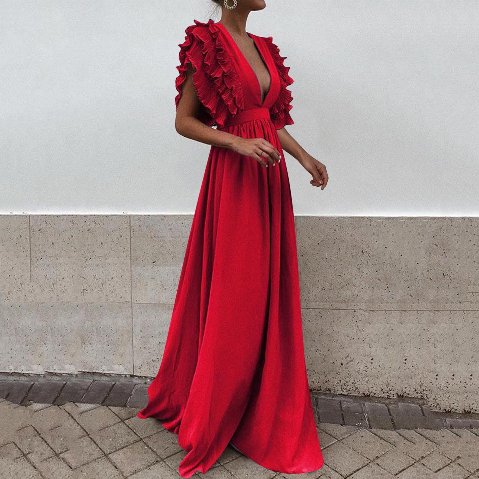 Women Wrap V Neck Ruffle Sleeve Tiered Midi Dress Tie Waist A Line Long  Party Dress Women's Formal Dress Red XL - Walmart.com