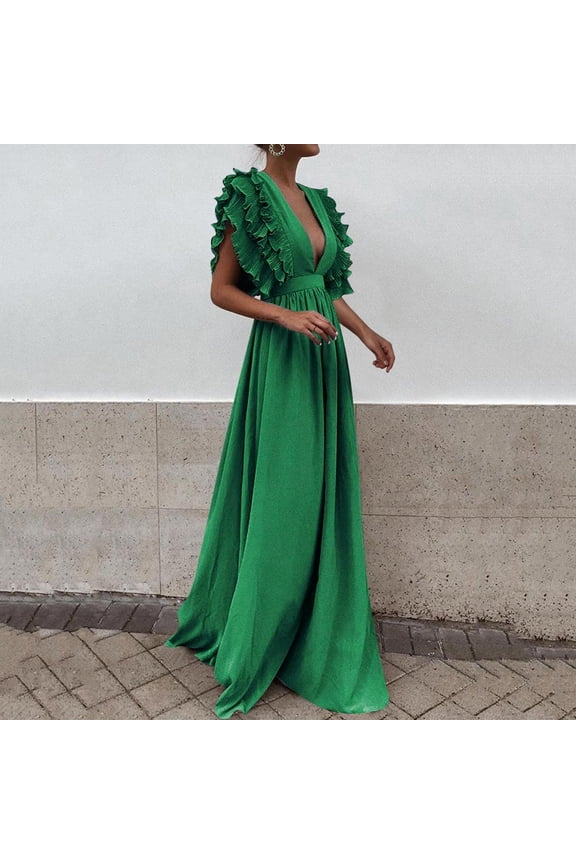 Women Wrap V Neck Ruffle Sleeve Tiered Midi Dress Tie Waist A Line Long Party Dress Dress with Lace Long Sleeve And Wedding Gown Fancy plus Size Dresses High Low Dresses Ladies Sequins Dress Dress for