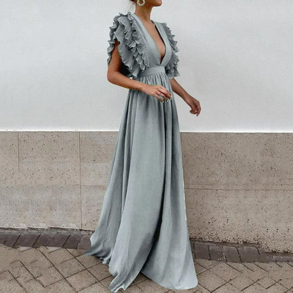 Women Wrap V Neck Ruffle Sleeve Tiered Midi Dress Tie Waist A Line Long Party Dress Evening Gown Size 14 Long Slit Dresses And Champagne Dresses for Women Petite Dresses for Women Party Gown for Party