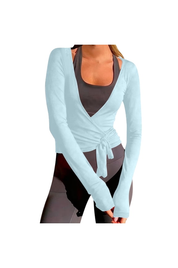Women Wrap Yoga Shirts，Casual Slim Fit Sports Active Top Long Sleeve Ballet Pilates Yoga Workout Wrap Shirts Pilates Yoga Tops Deep V Neck Casual Tops