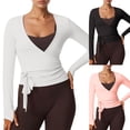 thumbnail image 1 of Women Wrap Yoga Shirts Long Sleeve Deep V Neck Tie Front Workout T Shirts Casual Slim Fit Sports Active Tops Red M, 1 of 8