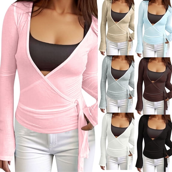Women Wrap Yoga Shirts Long Sleeve Deep V Neck Tie Front Workout T Shirts Casual Slim Fit Sports Active Tops Red S