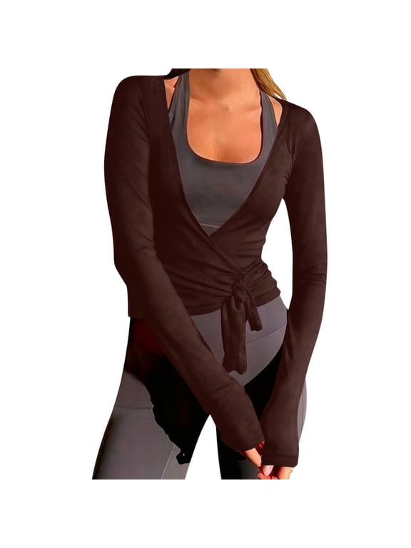 Women Wrap Yoga Shirts,Long Sleeve Deep V Neck Tie Front Workout T Shirts Deep V Neck Casual Tops Workout Active Blouses Pilates Yoga Tops Long Sleeve B