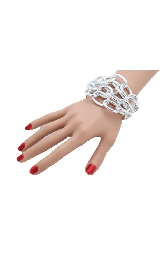Women Wrist Bracelet Strand Silver Metal Chain Link Striking Fun Fashion Jewelry