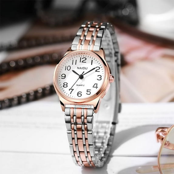 Women Wrist Quartz Watch Round Dial Number Easy Read Classic Vintage Adjustable Stainless Steel Strap GoldWhite
