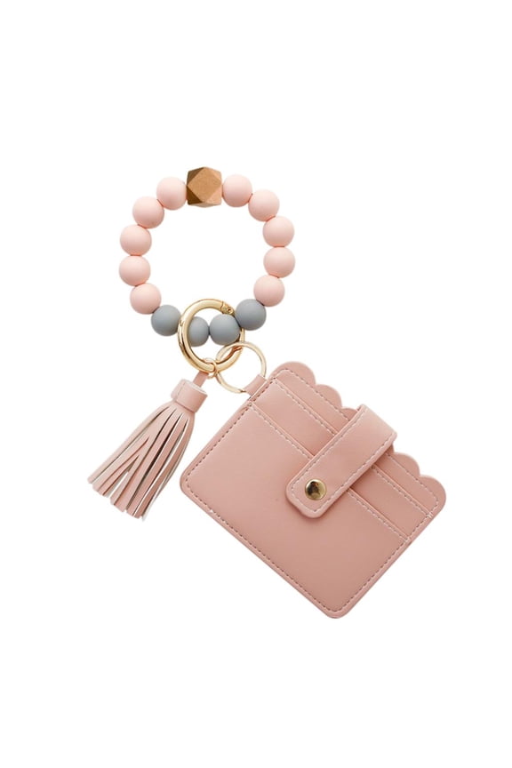 Women Wristlet Bracelet Keychain Wallet - Silicone Beaded Bangle with Leather Keyring Tassel for Anniversary Gift(Peach Pollen)