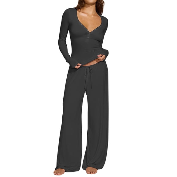 Women Y2K 2 Piece Lounge Set Long Sleeve Fitted Tee Shirt Top Wide Leg Long Pants Cute Pajama Outfit Dark Gray S