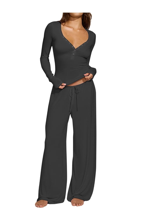 Women Y2K 2 Piece Lounge Set Long Sleeve Fitted Tee Shirt Top Wide Leg Long Pants Cute Pajama Outfit Dark Gray S