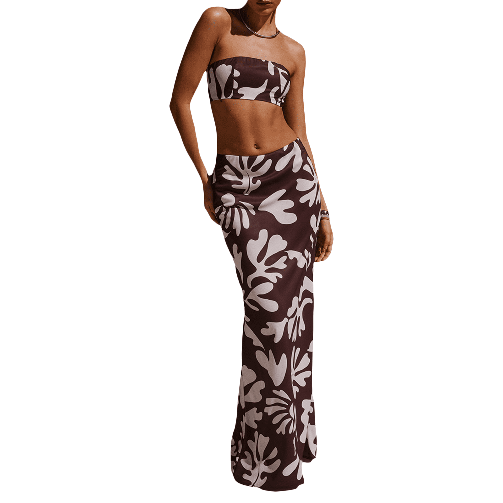 Women Y2k 2 Piece Maxi Skirt Set For Women Floral Strapless Tube Crop