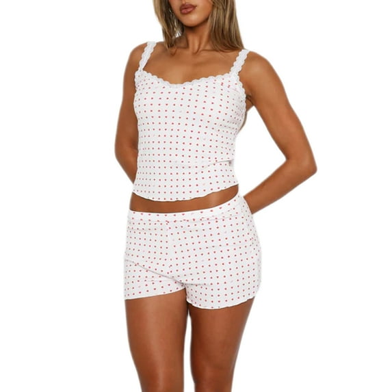Women Y2K 2 Piece Pajamas Set Sleeveless Floral Lace Trim Crop Cami Top and Shorts Pj Set Sleepwear Lounge Outfits