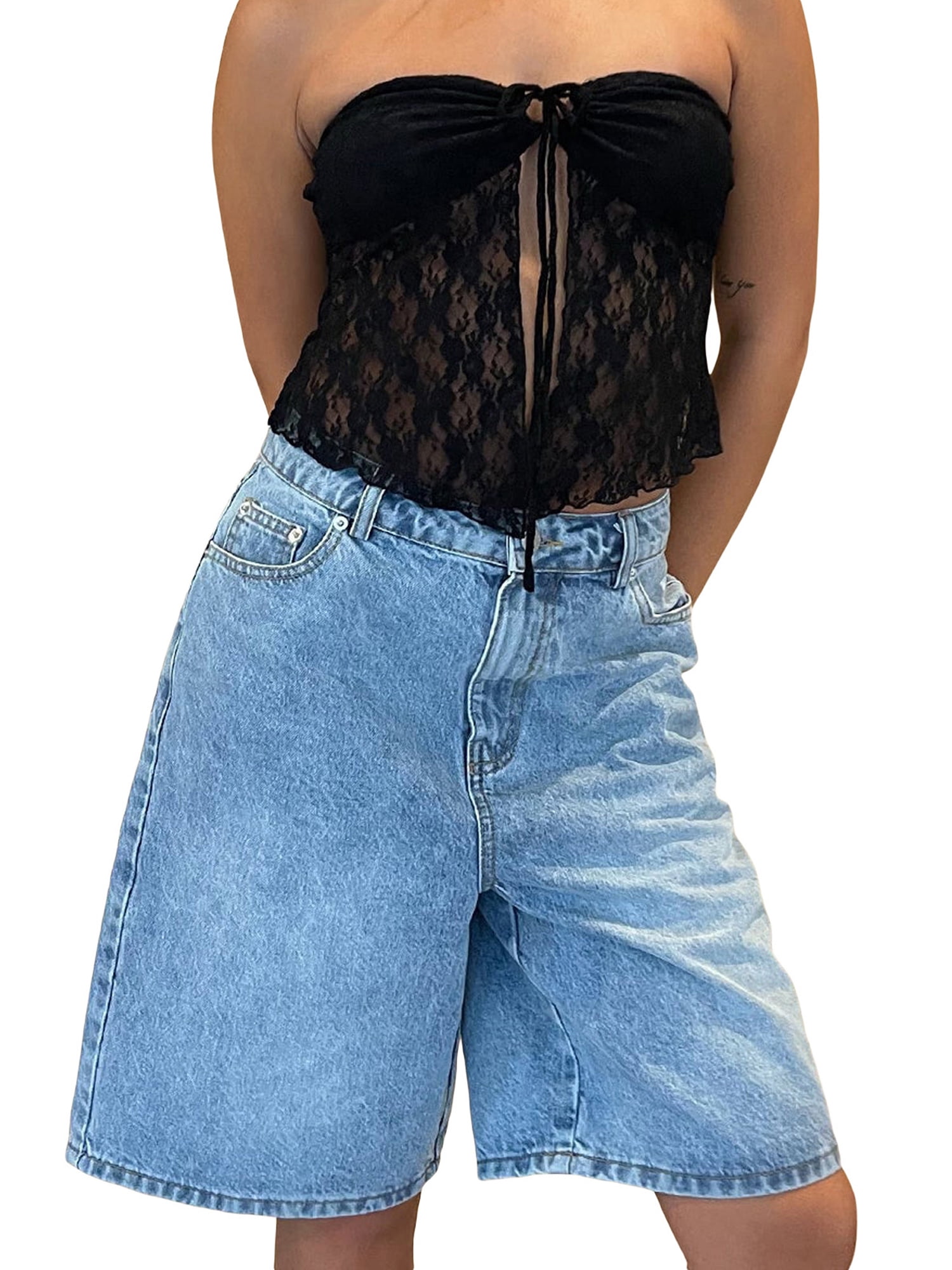 Women Y2K Baggy Bermuda Jean Shorts Wide Leg Long Denim Shorts Vintage
