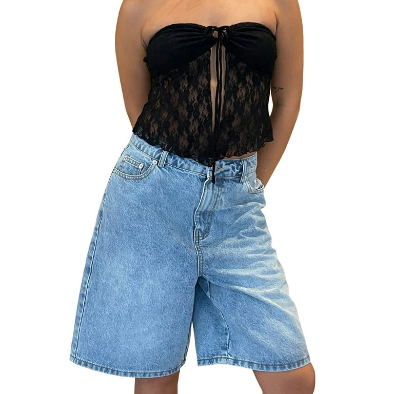 Women Y2K Baggy Bermuda Jean Shorts Wide Leg Long Denim