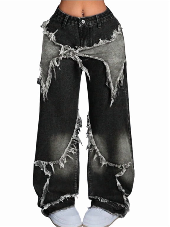 Women Y2K Baggy Jeans Girls Star Patchwork Wide Leg Raw Hem Denim Pants Hip Hop Streetwear Preppy Clothes Black L