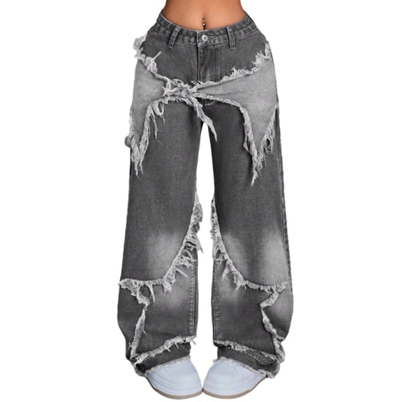 Women Y2K Baggy Jeans Girls Star Patchwork Wide Leg Raw Hem Denim Pants Hip Hop Streetwear Preppy Clothes Gray S