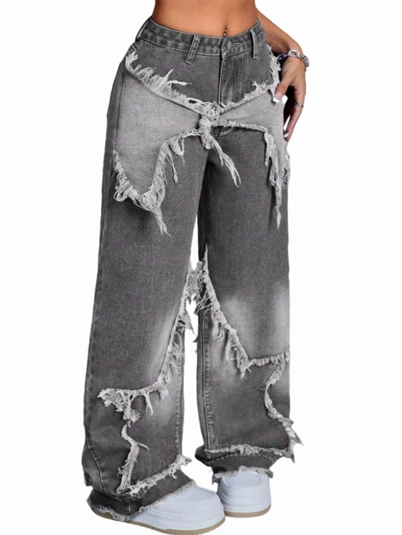 Women Y2K Baggy Jeans Girls Star Patchwork Wide Leg Raw Hem Denim Pants ...