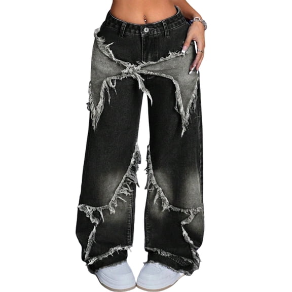 Women Y2K Baggy Jeans Girls Star Patchwork Wide Leg Raw Hem Denim Pants Hip Hop Streetwear Preppy Clothes