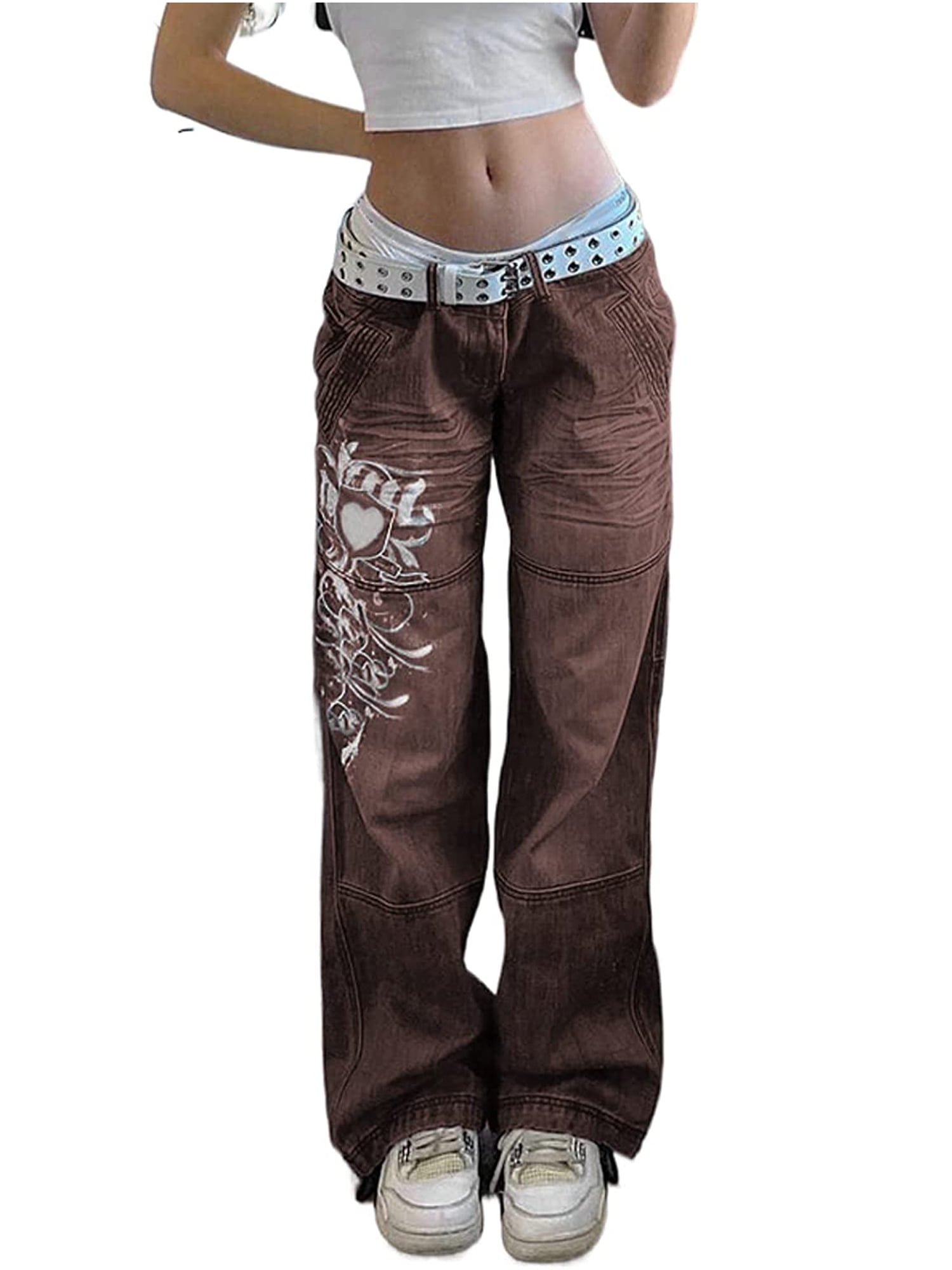 Women Y2K Baggy Jeans High Waist Wide Straight Leg Distressed Vintage Cargo Denim  Pants Streetwear 