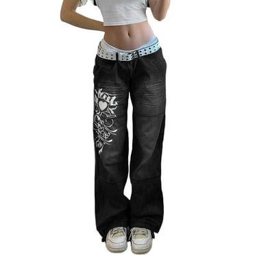 Women Y2K Baggy Jeans High Waist Wide Straight Leg Distressed Vintage Cargo Denim Pants Streetwear