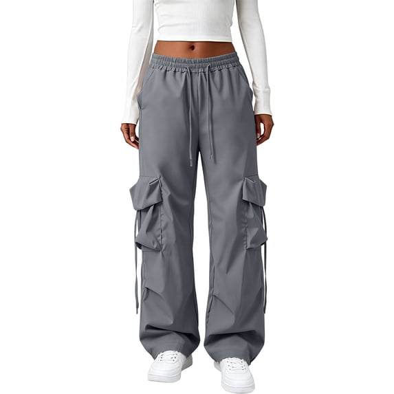 Women Y2K Baggy Streetwear Hip Hop Parachute Pants Lightweight Wide Leg Drawstring Cargo Pants Dance Gray S