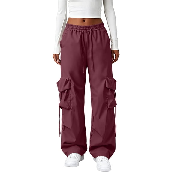 Women Y2K Baggy Streetwear Hip Hop Parachute Pants Lightweight Wide Leg Drawstring Cargo Pants Dance Red 2XL