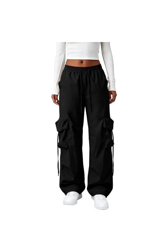 Women Y2K Baggy Streetwear Hip Hop Parachute Pants Lightweight Wide Leg Drawstring Cargo Pants Dance,S
